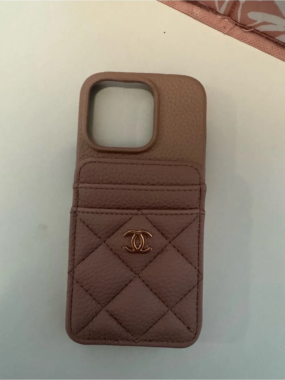 Quilted Leather Phone Case with Gold CC Logo - Mauve Pink